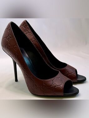 Gucci Aleppo Maroon Guccissima Embossed Leather Peep Toe Stiletto Pumps 38.5